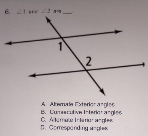 ≤1 and ≤2 are__

A. Alternate Exterior angles B. Consecutive Interior angles C. Alternate Interior