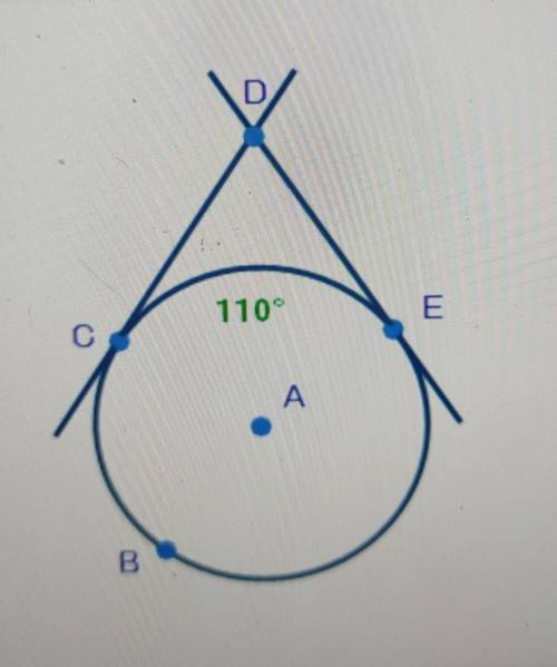Lines CD and DE are tangent to circle A, as shown below: If arc CE is 110°, what is the neasure of
