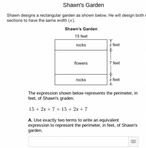 Use exactly two terms to write an equivalent expression to represent the perimeter, in feet, of Sha