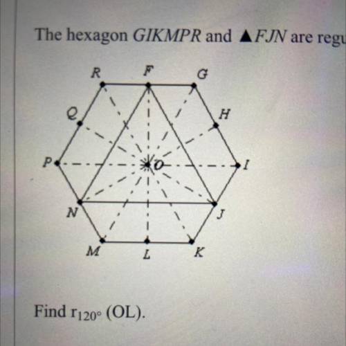 The hexagon GIKMPR and FJN are regular. The dashed line segments form 30° angles.

Find r120° (OL)