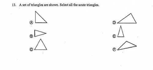 PLEASE HELPPPPPPPPPPP

A set of Triangles are Shown. Select All The acute Triangles.