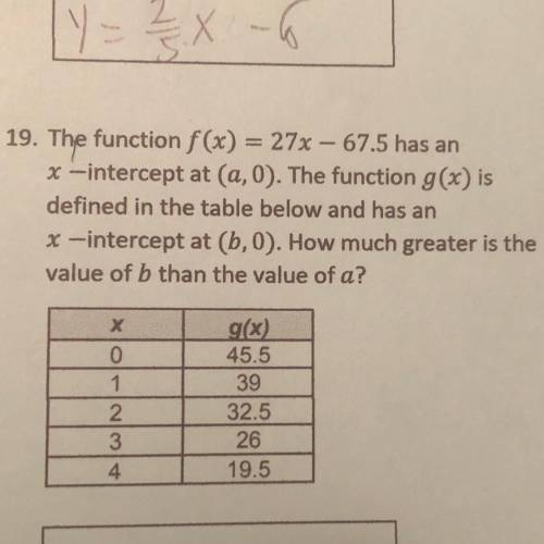 - The function f(x) = 27x - 67.5 has an

x-intercept at (a,0). The function g(x) is
defined in the