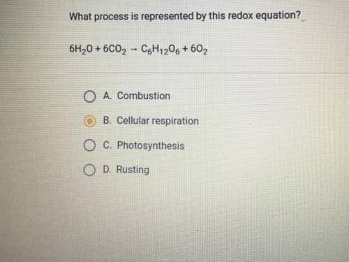 What process is represented by this redox equation ? 6H 2 O+6CO 2 C 6 H 12 O 6 +6O 2