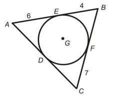 Find the perimeter of the triangle. The circle is inscribed within the triangle.