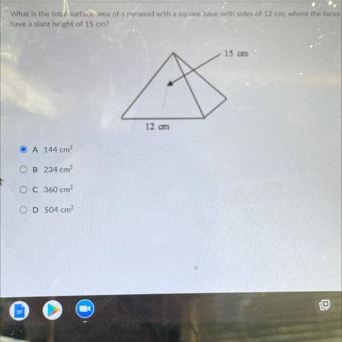 Ion

What is the total surface area of a pyramid with a square base with sides of 12 cm, where the