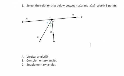 Select the relationship below between ∠a and ∠b? Worth 3 points. A.Vertical angles B.Complementary