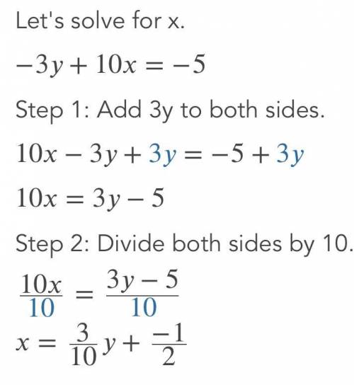 Solve the system of equations.
57 - 10x = 45
-
- 3y + 10x = -5
