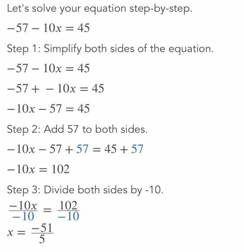 Solve the system of equations.
57 - 10x = 45
-
- 3y + 10x = -5