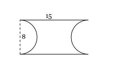 Find the Area of the figure below, composed of a rectangle with two semicircles removed. Round to t