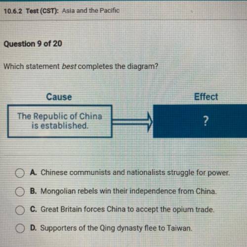 Which statement best completes the diagram?

CAUSE 
The republicans of China is established.
EFFEC