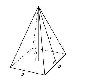a right pyramid is shown the base has a side length, b, of 30 centimeters (cm). The height, h, is 1