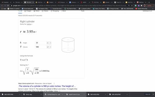 The volume of a cylinder is 980(pi symbol)in. the height of the cylinder is 20 inches what is the ra