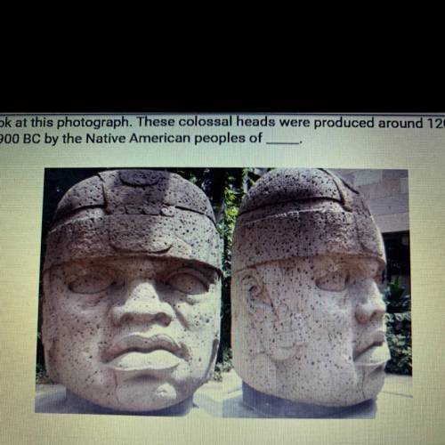 **PLEASE HELP**

Look at this photograph. These colossal heads were produced aro
to 900 BC by the