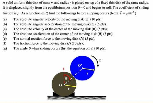 A solid uniform thin disk of mass m and radius r is placed on top of a fixed thin disk of the same