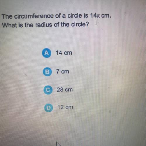The circumference of a circle is 140 cm.
What is the radius of the circle?