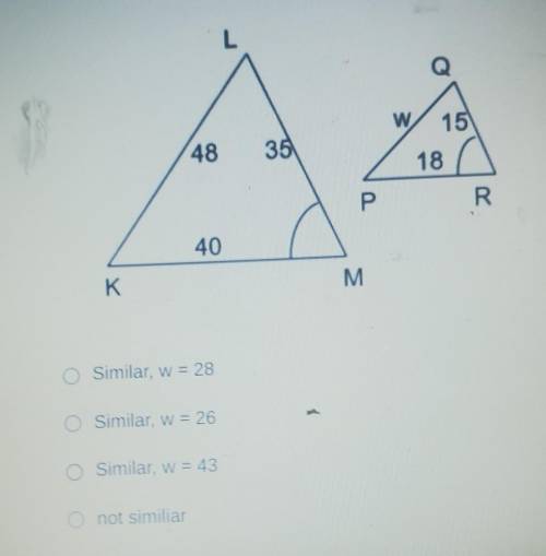 Determine if the triangles are similar. If so, find missing variables using properties of similarit
