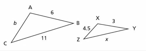 ΔABC and ΔXYZ are similar triangles. The lengths of two sides of each triangle are shown. Find the