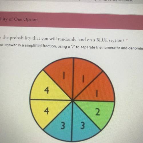 What is the probability that you will randomly land on a BLUE section?

Write your answer in a sim
