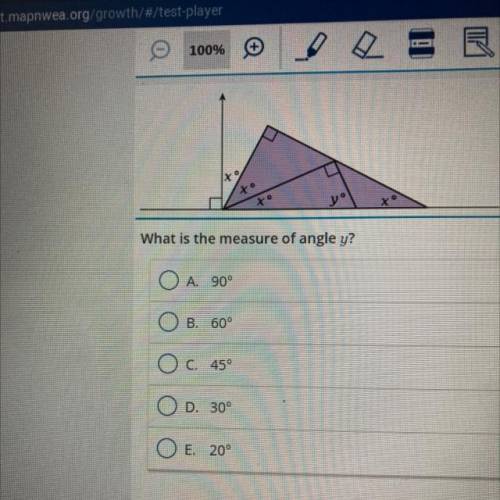 Xo
What is the measure of angle I?
CA. 90°
B. 60°
O c. 45°
O D. 30°
O E. 20°
