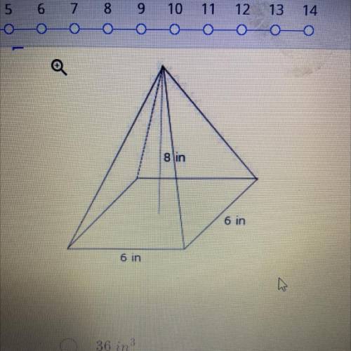 What is the volume of the square-based pyramid?

a: 36in^3
b: 96in^3
c: 144in^3
d: 288in^3