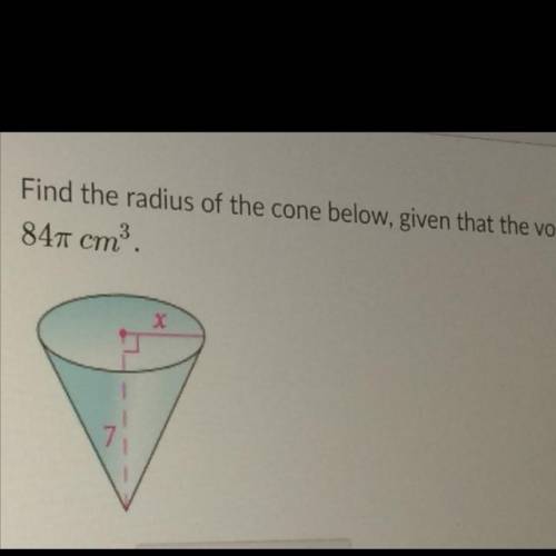 Find the radius of the cone below given that the volume is 84pi cm^3