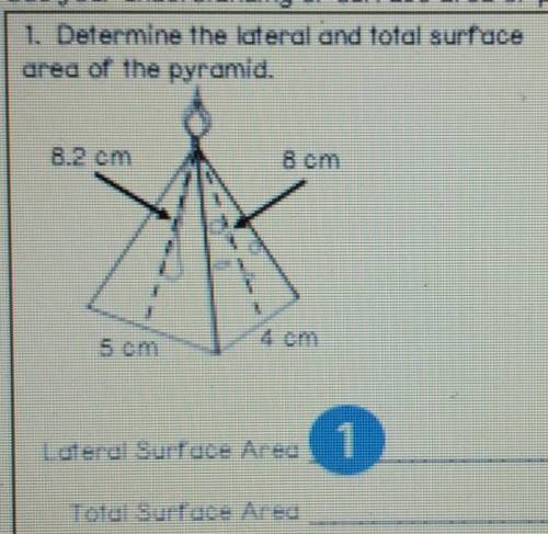 Plz help

1. Determine the lateral and total surface area of the pyramid. 8.2 cm 8 cm 5 cm Lateral