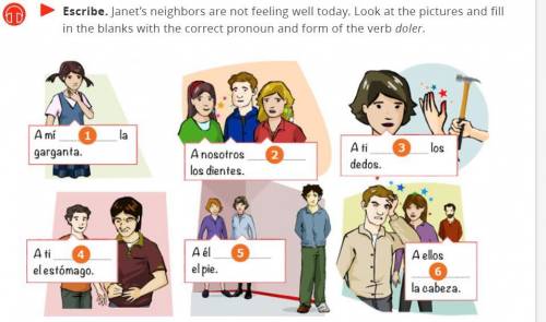 Janet’s neighbors are not feeling well today. Look at the pictures and fill in the blanks with the
