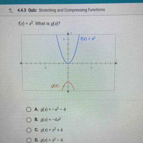 F(x) = x2. What is g(x)?

f(x) = x?
g(x)
O A. g(x) = - x2 - 4
B. g(x) = - 4x2
O c. g(x) = x2 + 4
O