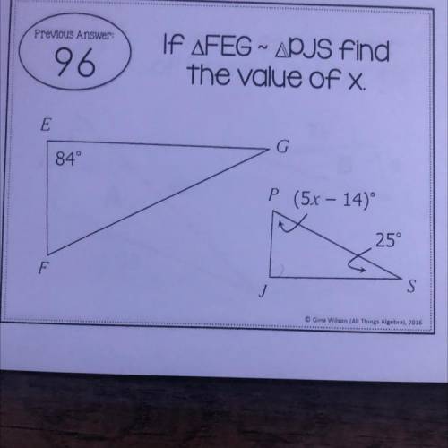 If triangle FEG ~ triangle PJS find the value of x