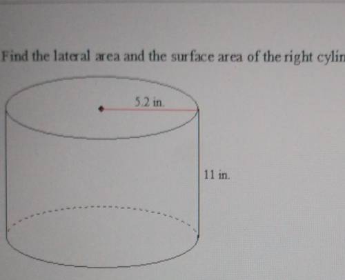 Find the lateral area and the surface area of the right cylinder 5.2 in 11 in​