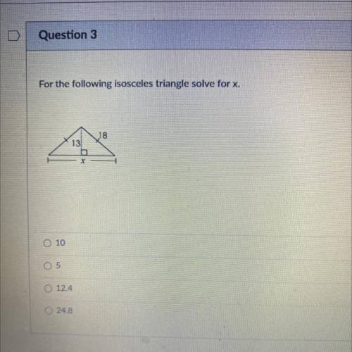 For the following isosceles triangle solve for X.