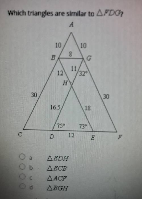 Which triangles are similar to triangle FDG? help me asap I'm not understanding this.​