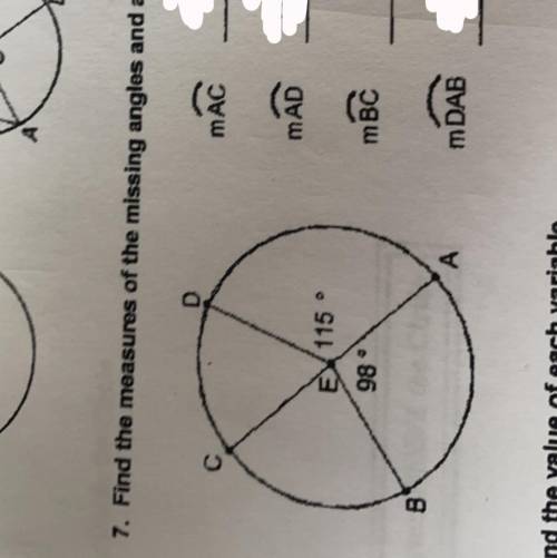 Find the measures of the missing angles and arcs
