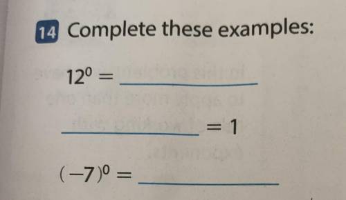 14 Complete these examples:
12° =
= 1
(-7)° =