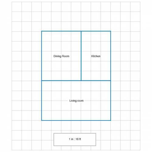 The figure shows a blueprint of a dining room, kitchen, and living room. Each square has a side len