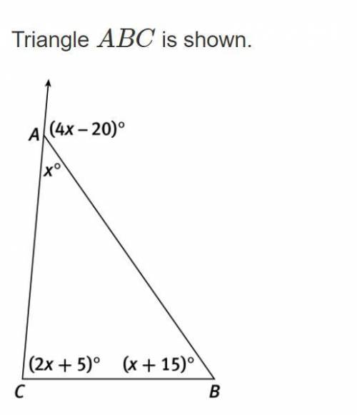 Find the measure of m∠A (inside the triangle).

Find the measure of m∠B.
Find the measure of m∠C.