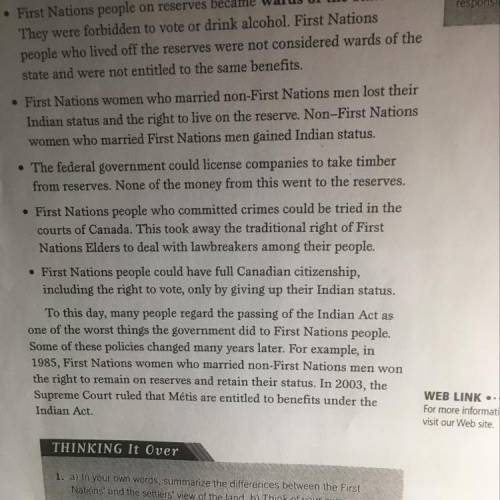 1. a) In your own words, summarize the differences between the First

Nations' and the settlers' v