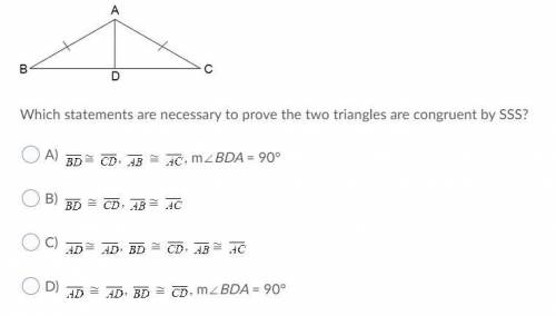 Which statements are necessary to prove the two triangles are congruent by SSS? (ASAP HELP PLS!!!)