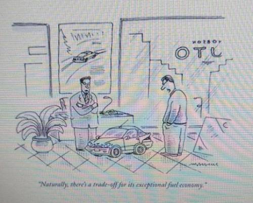 What trade-off is shown in this cartoon? O speed of the car vs the price of the car O size of the c