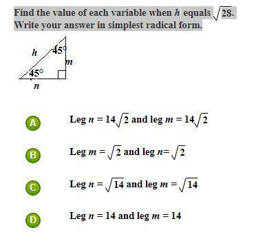 Find the value of each variable when h equals 28.
Write your answer in simplest radical form.