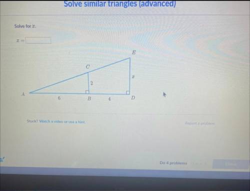 PLEASE HELP! WILL GIVE BRAINLIEST!

Khan Academy - Solve Similar Triangles (advanced) 
Solve for X