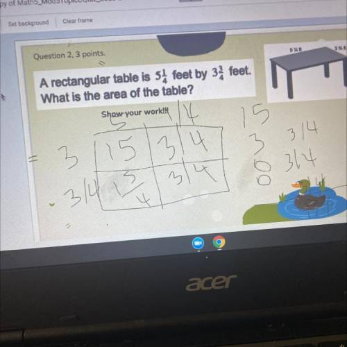 A rectangular table is 5 1/4 feet by 3 3/4feet. what is the area of the table?