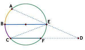 In the diagram for this problem, lines BE and CF are congruent. Arc AB = 48 degrees. Arc BC = 42 de