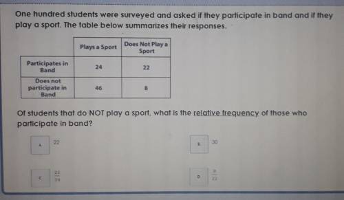 One hundred students were surveyed and asked if they participate in band and if they play a sport.