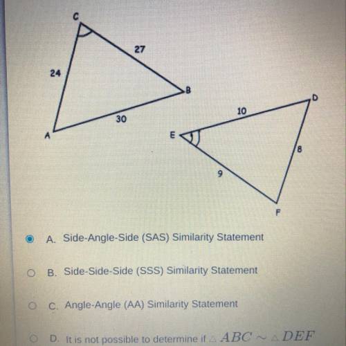 Which statement would justify triangle ABC sim triangle DEF