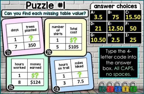 Can you find each missing table value and type the correct code? Please remember to type in ALL CAP