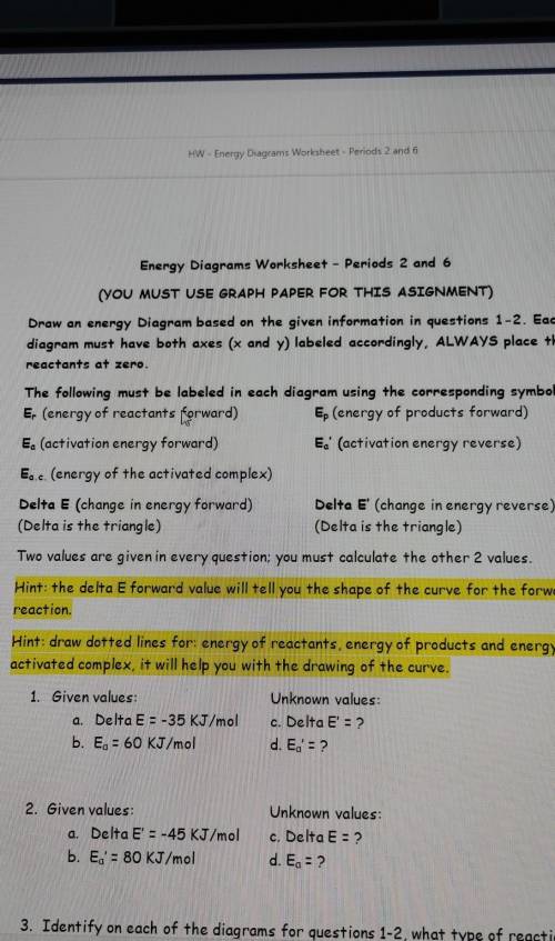 Energy Diagrams Worksheet - Periods 2 and 6 (YOU MUST USE GRAPH PAPER FOR THIS ASIGNMENT) Draw an e