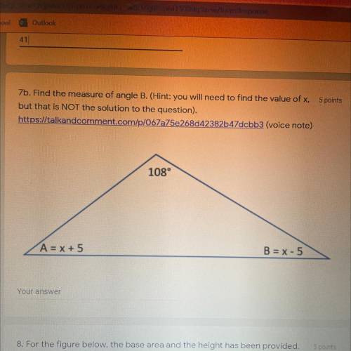 Find the measure of angle B. (Hint: You will need to find the value of x, but that is NOT the solut