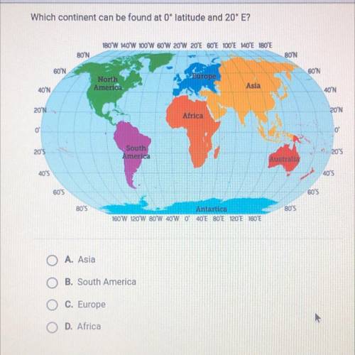 Which continent can be found at 0' latitude and 20' E?