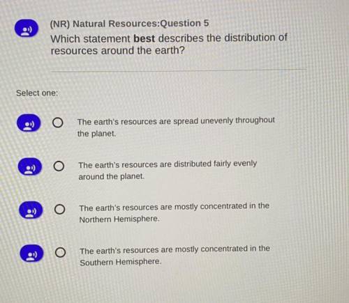 (NR) Natural Resources:Question 5

Which statement best describes the distribution of
resources ar